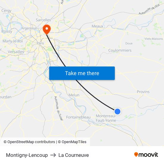 Montigny-Lencoup to La Courneuve map