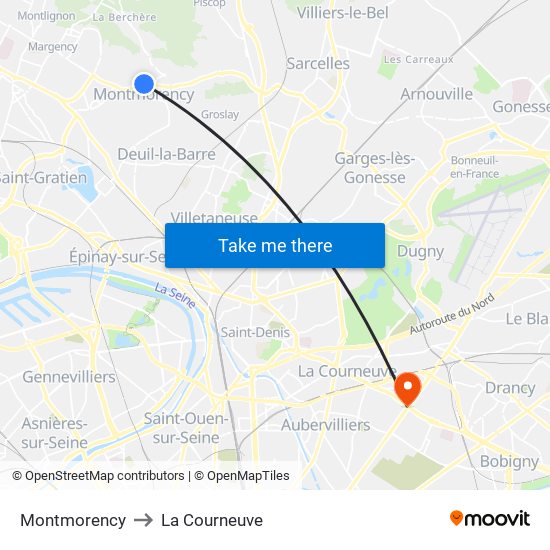 Montmorency to La Courneuve map