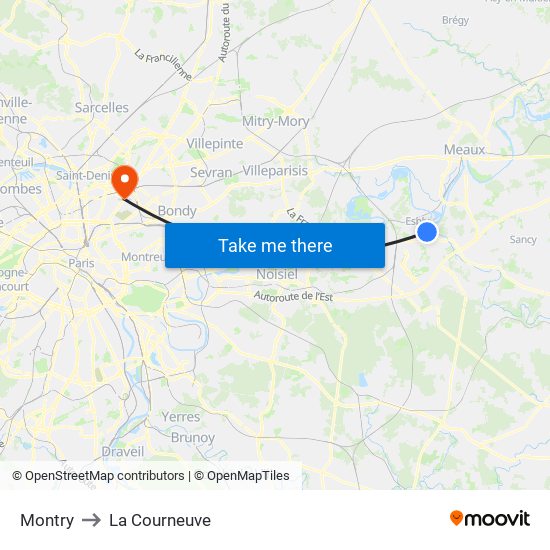 Montry to La Courneuve map