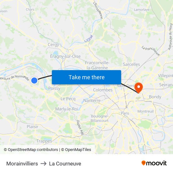 Morainvilliers to La Courneuve map