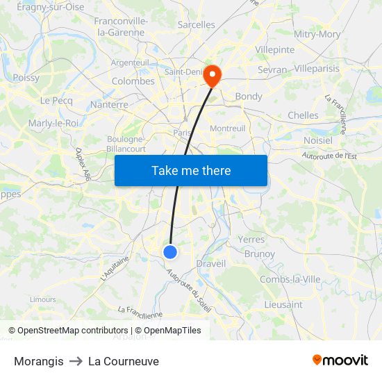 Morangis to La Courneuve map