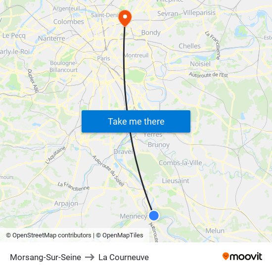Morsang-Sur-Seine to La Courneuve map