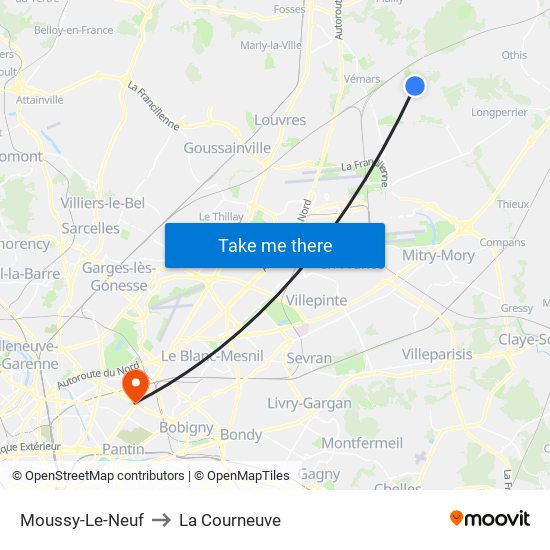 Moussy-Le-Neuf to La Courneuve map