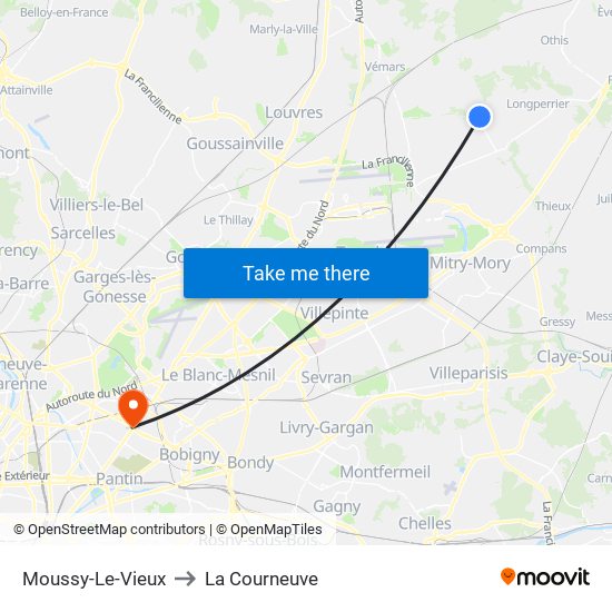 Moussy-Le-Vieux to La Courneuve map