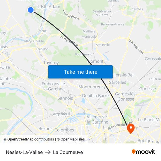Nesles-La-Vallee to La Courneuve map