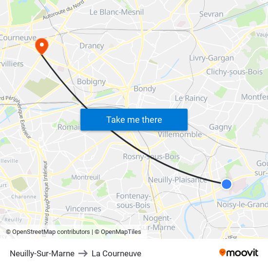 Neuilly-Sur-Marne to La Courneuve map