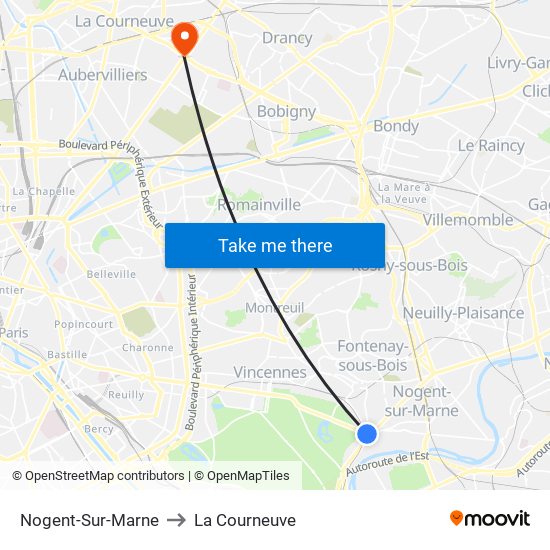 Nogent-Sur-Marne to La Courneuve map
