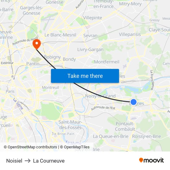 Noisiel to La Courneuve map