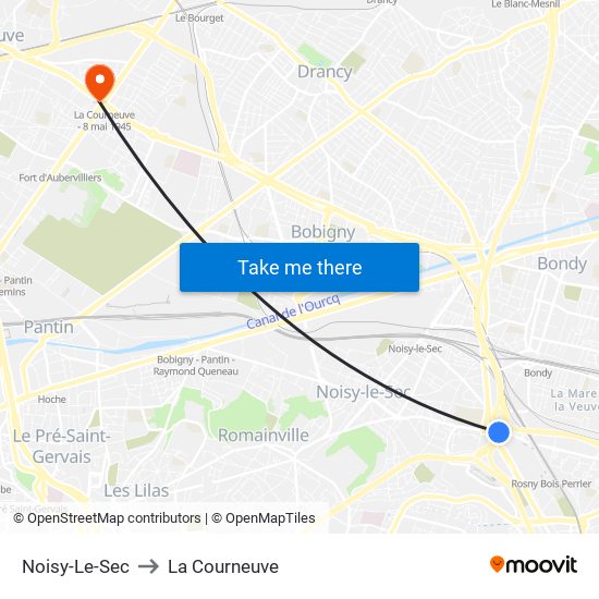 Noisy-Le-Sec to La Courneuve map