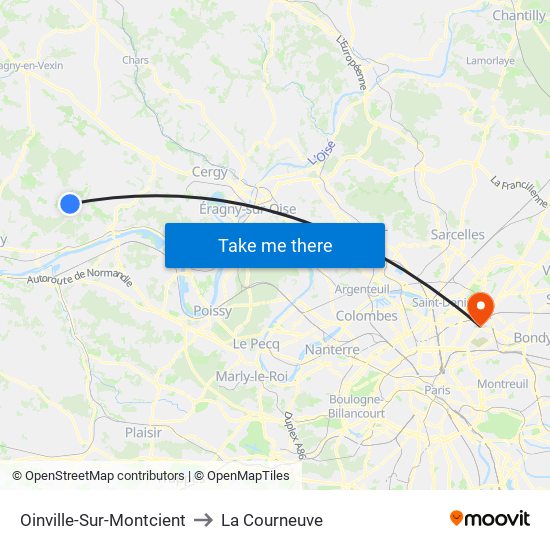 Oinville-Sur-Montcient to La Courneuve map