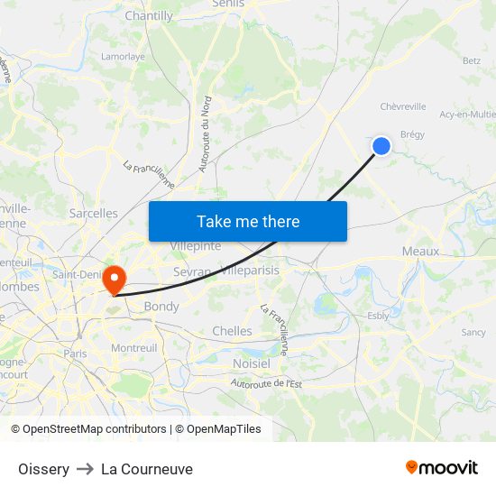 Oissery to La Courneuve map