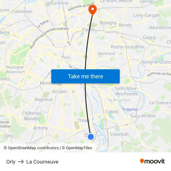 Orly to La Courneuve map