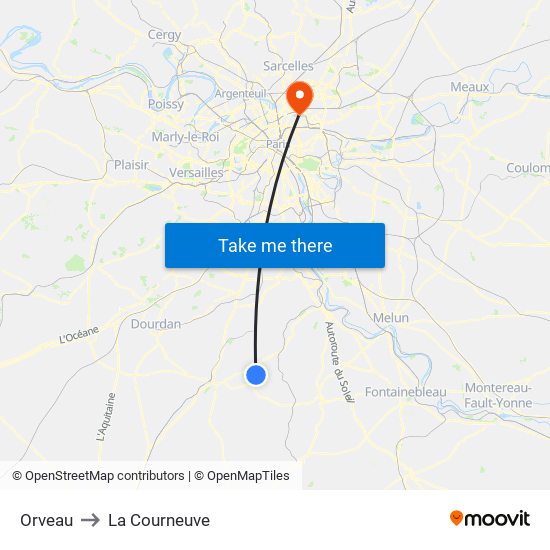 Orveau to La Courneuve map