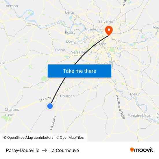 Paray-Douaville to La Courneuve map