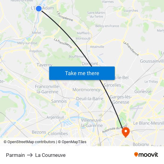 Parmain to La Courneuve map