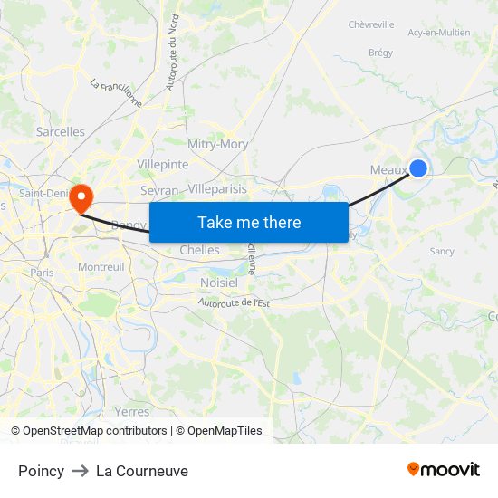 Poincy to La Courneuve map