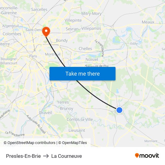 Presles-En-Brie to La Courneuve map