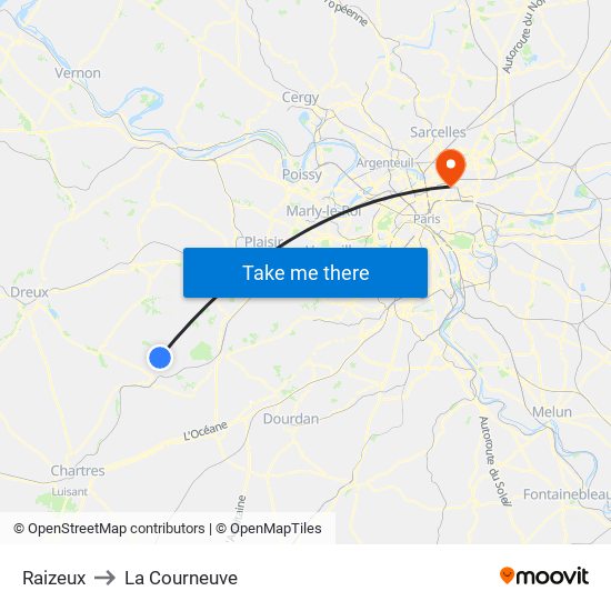 Raizeux to La Courneuve map