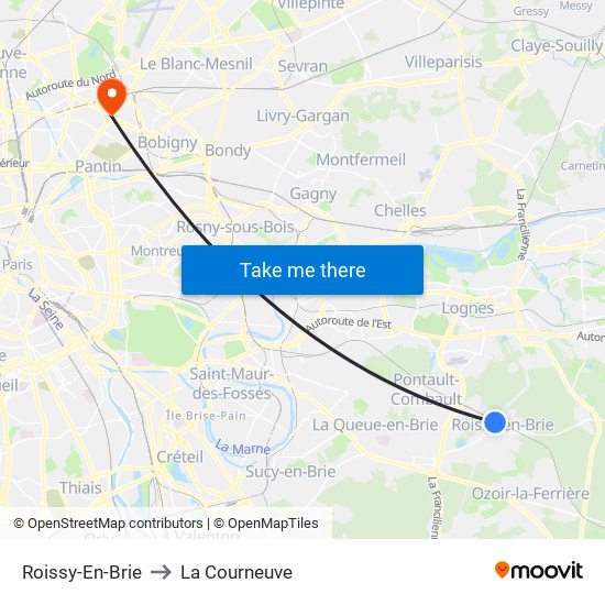 Roissy-En-Brie to La Courneuve map