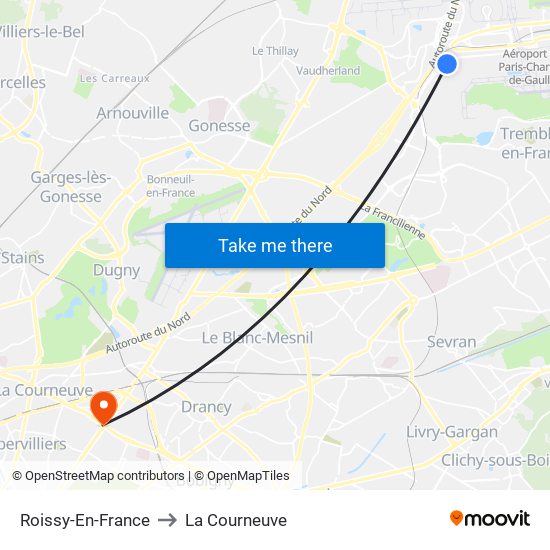 Roissy-En-France to La Courneuve map