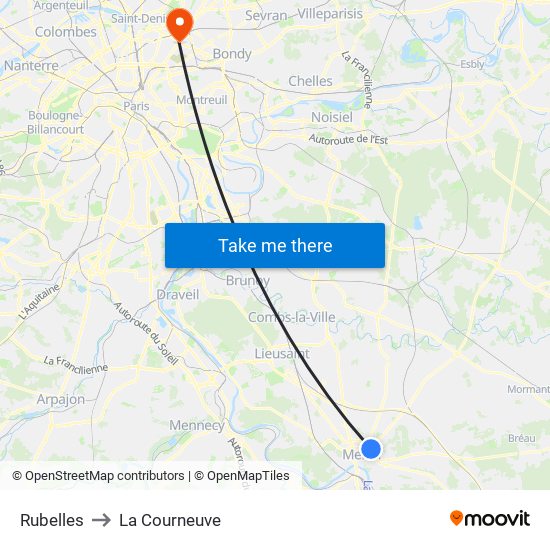 Rubelles to La Courneuve map