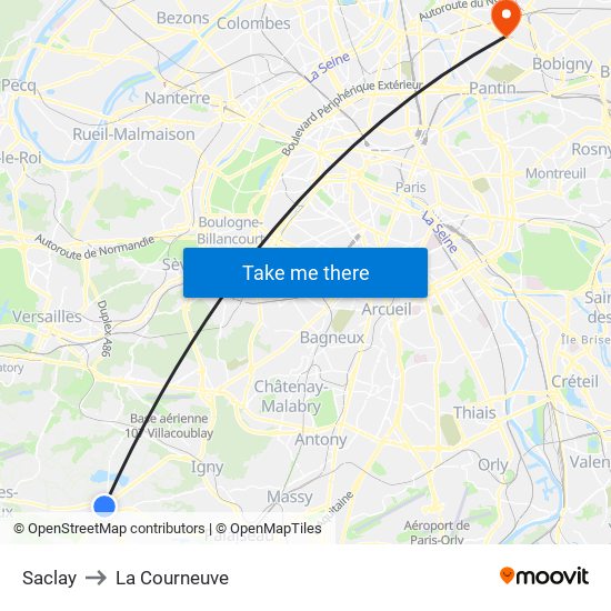 Saclay to La Courneuve map