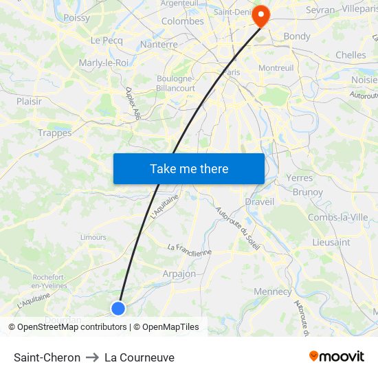 Saint-Cheron to La Courneuve map