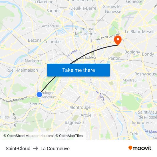 Saint-Cloud to La Courneuve map