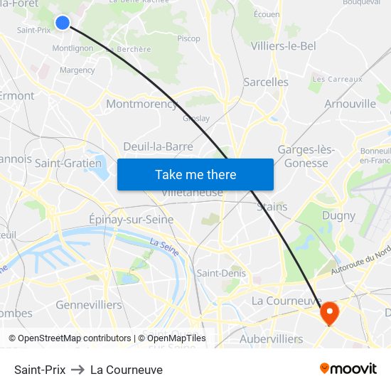 Saint-Prix to La Courneuve map