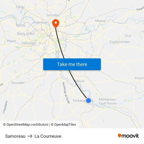 Samoreau to La Courneuve map