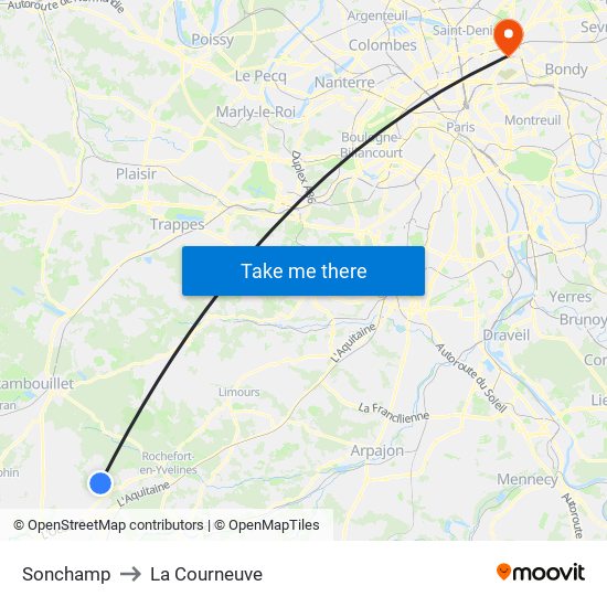 Sonchamp to La Courneuve map