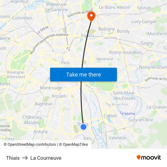 Thiais to La Courneuve map