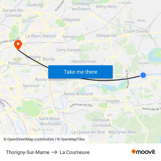 Thorigny-Sur-Marne to La Courneuve map