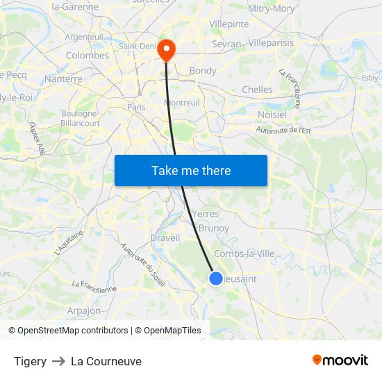 Tigery to La Courneuve map