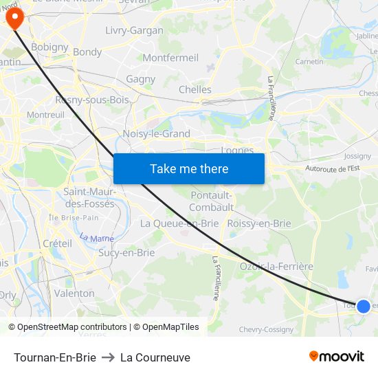 Tournan-En-Brie to La Courneuve map