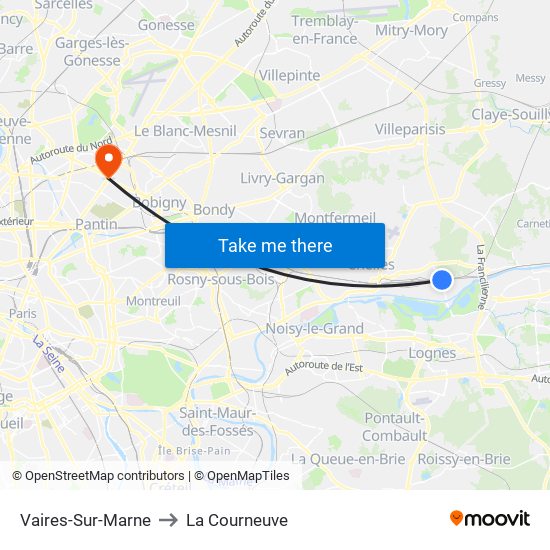 Vaires-Sur-Marne to La Courneuve map