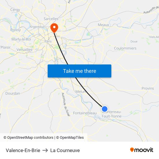 Valence-En-Brie to La Courneuve map