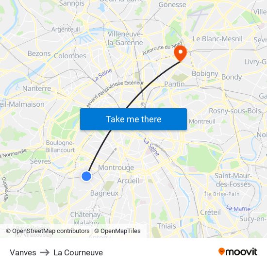 Vanves to La Courneuve map