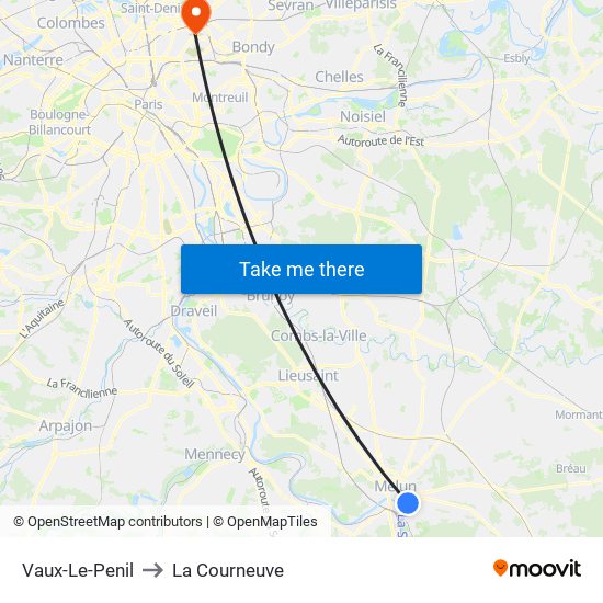 Vaux-Le-Penil to La Courneuve map