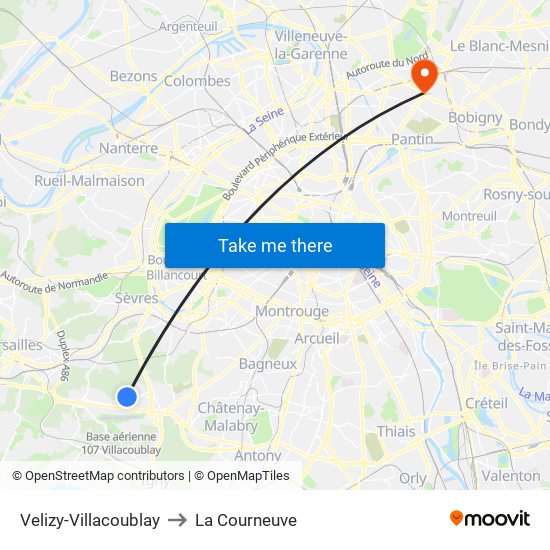 Velizy-Villacoublay to La Courneuve map