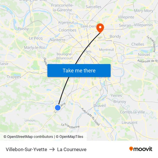 Villebon-Sur-Yvette to La Courneuve map