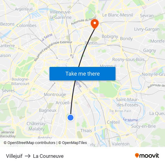 Villejuif to La Courneuve map