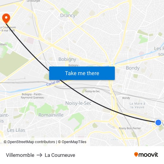 Villemomble to La Courneuve map