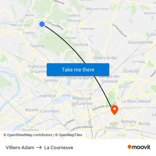Villiers-Adam to La Courneuve map