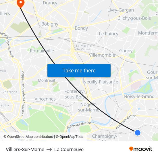 Villiers-Sur-Marne to La Courneuve map