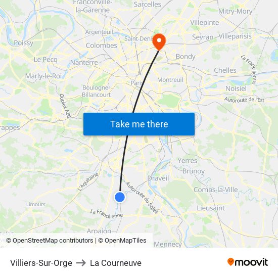 Villiers-Sur-Orge to La Courneuve map