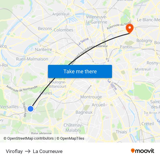Viroflay to La Courneuve map