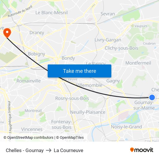Chelles - Gournay to La Courneuve map