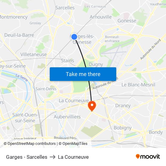 Garges - Sarcelles to La Courneuve map