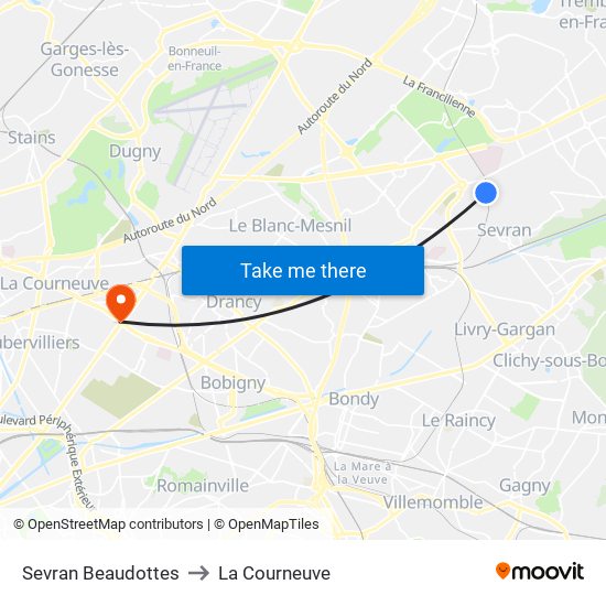Sevran Beaudottes to La Courneuve map
